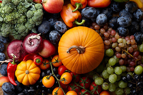 Autumn concept with seasonal fruits and vegetables