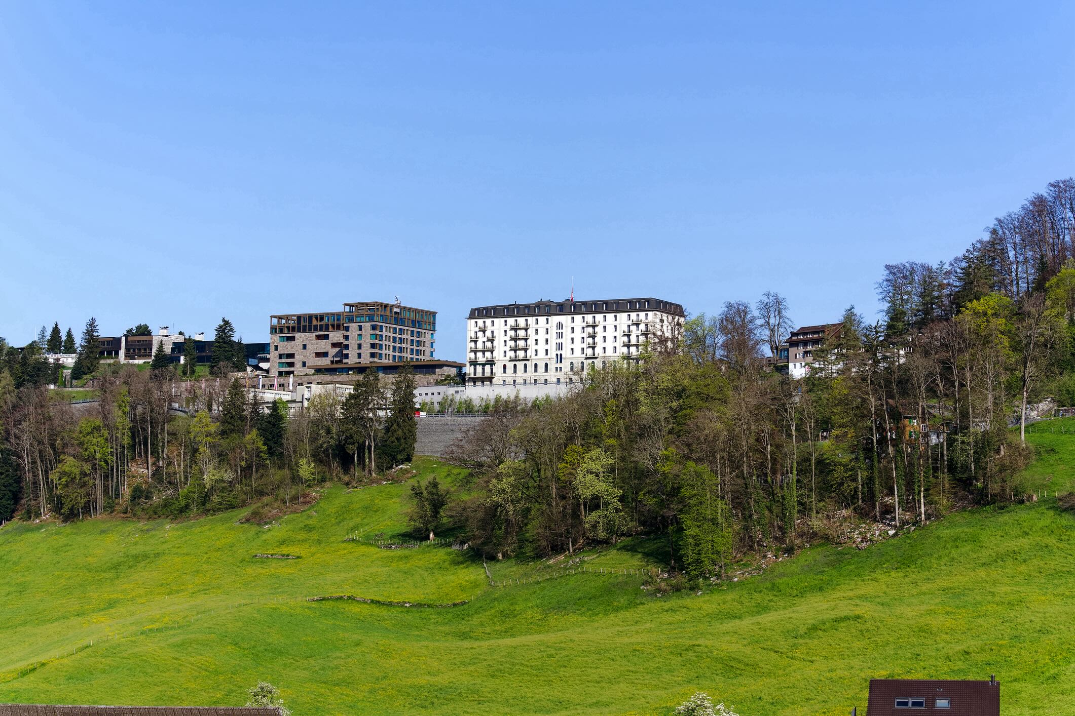 Scenic view of rural landscape with woodland and luxury hotels on top of Swiss B√ºrgenstock mountain.